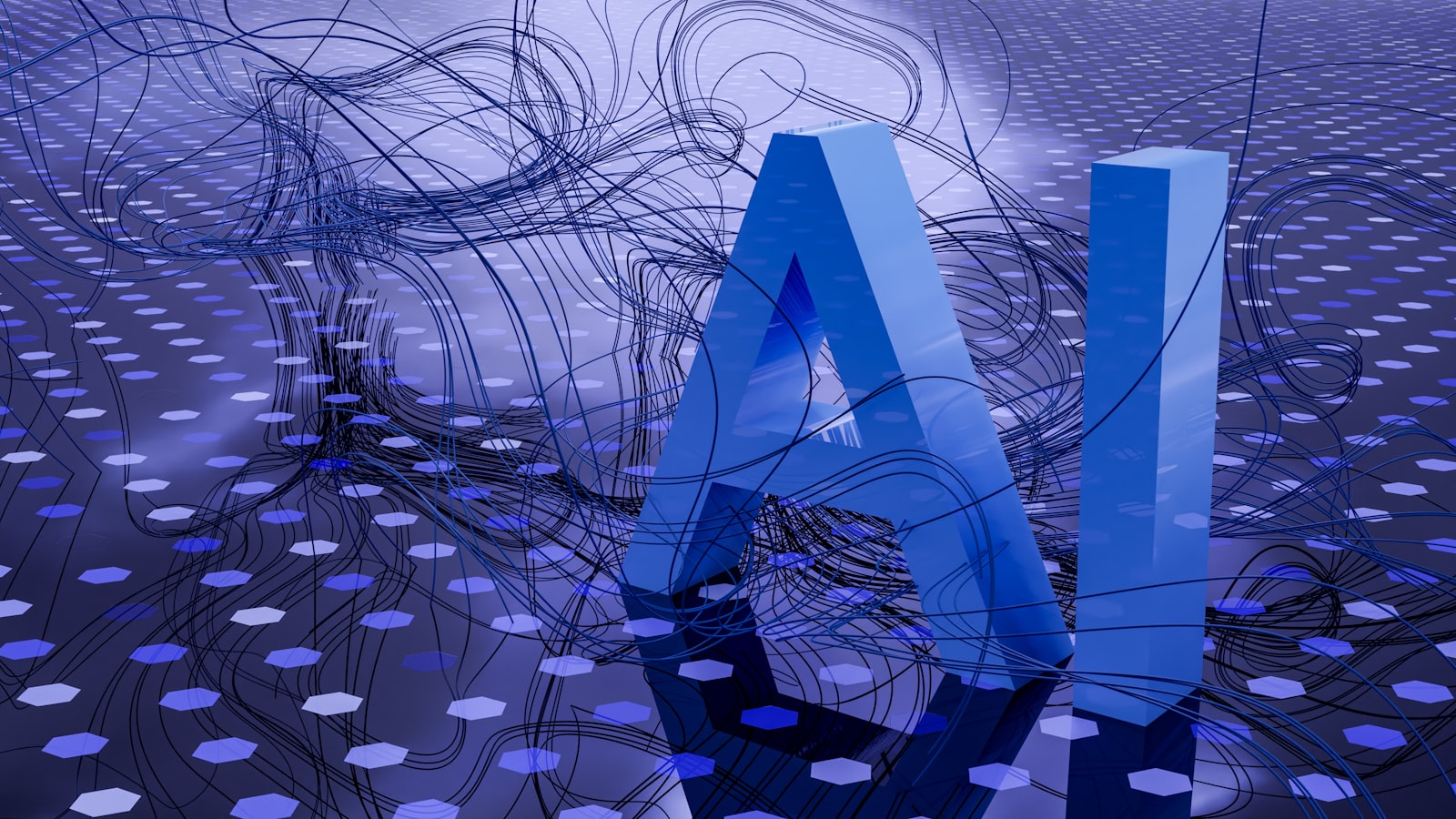 Three-dimensional AI letters woven through streams of neural wires